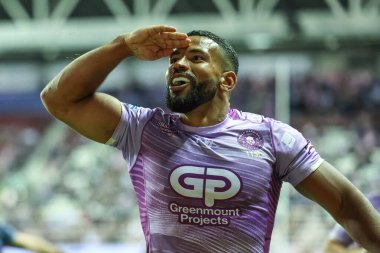 Wigan Warriors 'dan Kruise Leeming, 16 Mayıs 2025' te İngiltere 'nin Wigan şehrindeki Brick Community Stadyumu' nda oynanan 11.