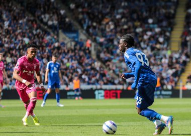 Leicester City 'den Jeremy Monga Premier Lig maçı sırasında Leicester City, King Power Stadyumu' nda Ipswich Town 'a karşı, 18 Mayıs 2025
