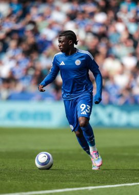 Leicester City 'den Jeremy Monga Premier Lig maçı sırasında King Power Stadyumu' nda Leicester City, Ipswich Town 'a karşı, 18 Mayıs 2025