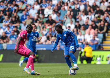 Leicester City 'den Jeremy Monga Premier Lig maçı sırasında Leicester City, King Power Stadyumu' nda Ipswich Town 'a karşı, 18 Mayıs 2025