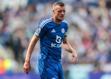 Leicester City 'den Jamie Vardy Premier League maçı sırasında Leicester City, King Power Stadyumu' nda Ipswich Town 'a karşı, 18 Mayıs 2025