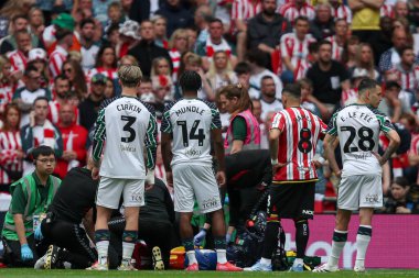Sunderland takımından Luke O 'Nien, 24 Mayıs 2025' te Wembley Stadyumu 'nda Sheffield United ile Sunderland arasındaki final maçında sakatlandı.