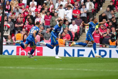 Wimbledon oyuncuları 26 Mayıs 2025 'te Wembley Stadyumu' nda oynanan AFC Wimbledon - Walsall maçında 1-0 berabere kalma golünü kutluyorlar.