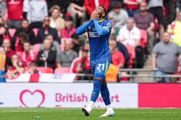 AFC Wimbledon takımından Myles Hippolyte, 26 Mayıs 2025 'te Wembley Stadyumu' nda oynanan Wimbledon-Walsall maçında attığı golü kutluyor.