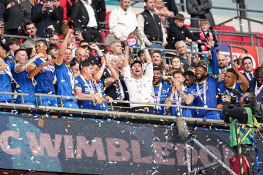 AFC Wimbledon, 26 Mayıs 2025 'te Wembley Stadyumu' nda oynanan AFC Wimbledon-Walsall Playoff Finali 'nde terfiyi kutladı.