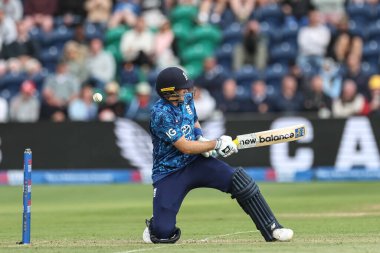 İngiltere 'den Joe Root, 1 Haziran 2025' te Sophia Gardens Cricket Ground, Cardiff, İngiltere 'de oynanan 2. Metro Bank ODI İngiltere - Batı Hint Adaları karşılaşmasında dizlerinin üzerine çöküp topu omzunun üzerinden fırlattı.