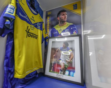 Stefan Ratchford 'un gömleği ve dolabı Warrington Wolves adına oynadığı Betfred Süper Lig 13. Raundunda Warrington Wolves Castleford Tigers' a karşı Halliwell Jones Stadyumu, Warrington, İngiltere