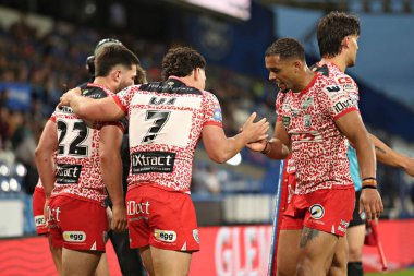 Leigh Leoparları 'ndan Lachlan Lam, 29 Mayıs 2025' te Birleşik Krallık 'ın Huddersfield Stadyumu' nda oynanan Betfred Süper Lig 13. Raundunda Huddersfield Giants - Leigh Leopards karşılaşmasını kutluyor.