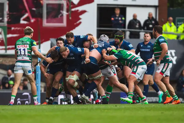 Gallagher Premiership play-off 'unda forvet indirimi. Leicester Tigers, Mattioli Woods Welford Road Stadyumu' nda Satış Köpekbalıklarına karşı. 7 Haziran 2025.
