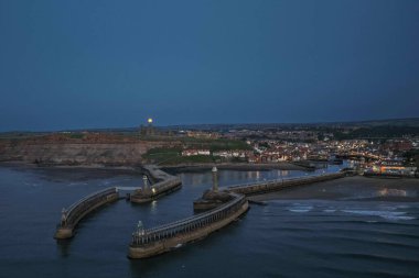Nadir bulunan Çilek Ayı, 10 Haziran 2025 'te Whitby Abbey ve Harbour, Whitby, North Yorkshire, Birleşik Krallık üzerinde yükselir.