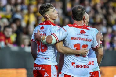 Hull KR 'dan Noah Booth, 19 Haziran 2025' te İngiltere 'nin Castleford kentinde oynanan 15. Betfred Süper Lig karşılaşmasında Hortum Ormanı, Castleford, İngiltere' de oynanan Castleford Tigers vs Hull KR karşılaşmasını kutluyor.