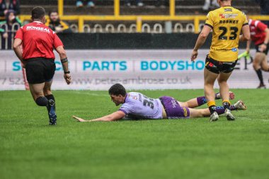 Warrington Wolves takımından Sam Stone, 20 Temmuz 2025 'te İngiltere' nin Castleford kentinde oynanan 19. Betfred Süper Ligi karşılaşmasında Castleford Tigers ve Warrington Wolves 'a karşı oynuyor.