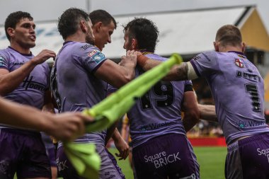 Warrington Wolves takımından Stefan Ratchford, 20 Temmuz 2025 'te İngiltere' nin Castleford kentinde oynanan 19. Betfred Süper Ligi karşılaşmasında Castleford Tigers - Warrington Wolves maçında şansını denedi.