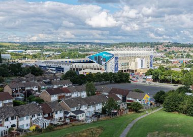 Elland Road 'un 2 Ağustos 2025' te Elland Road, Leeds, İngiltere 'de oynanan Leeds United-Villarreal maçındaki hava görüntüsü.