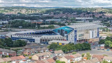 Elland Road 'un 2 Ağustos 2025' te Elland Road, Leeds, İngiltere 'de oynanan Leeds United-Villarreal maçındaki hava görüntüsü.