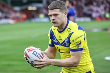 Warrington Wolves 'tan Jake Thewlis maç öncesi ısınma turunda Betfred Süper Lig 20. Leigh Leopards' a karşı Leigh Spor Köyü, Leigh, İngiltere 'de Leigh Wolves maçında 