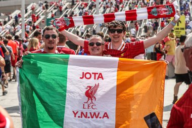 Liverpool taraftarları, 10 Ağustos 2025 'te İngiltere, Londra' daki Wembley Stadyumu 'nda oynanan FA Community Shield maçı sırasında geldiler.