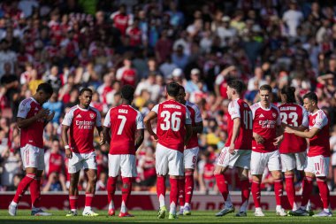 Arsenal oyuncuları sezon öncesi dostluk maçı sırasında Arsenal, Athletic Bilbao 'ya karşı Emirates Stadyumu, Londra, İngiltere, 9 Ağustos 2025