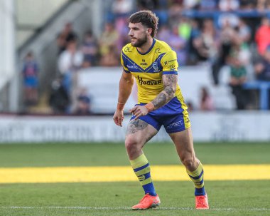 Warrington Wolves takımının Connor Wrench 'i 22. Betfred Süper Lig karşılaşmasında Warrington Wolves, Catalans Dragons' a karşı Halliwell Jones Stadyumu, Warrington, Birleşik Krallık, 14 Ağustos 2025