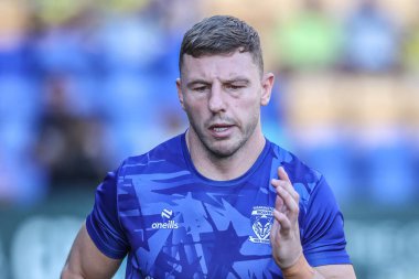 Warrington Wolves takımından George Williams, 14 Ağustos 2025 'te İngiltere' nin Warrington şehrinde oynanan 22. Betfred Süper Lig karşılaşmasında Warrington Wolves ve Catalans Dragons maçında ısındı.