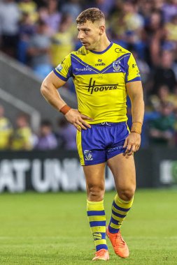 Warrington Wolves 'tan George Williams, 14 Ağustos 2025' te İngiltere 'nin Warrington şehrinde oynanan 22. Betfred Süper Lig karşılaşmasında Warrington Wolves, Catalans Dragons' a karşı oynuyor.