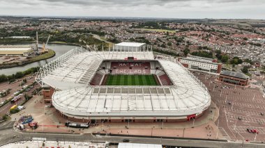 Premier Lig karşılaşması öncesinde Sunderland-West Ham United Stadyumu, Sunderland, İngiltere 'de 16 Ağustos 2025' te oynanacak olan stadyumun hava görüntüsü.