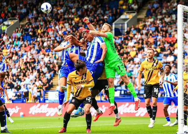 Viktor Johansson Stoke City kalecisi, 16 Ağustos 2025 'te Sheffield Çarşamba günü Hillsborough, Sheffield, İngiltere' de Stoke City 'e karşı oynanan Gökyüzü İddia Şampiyonası maçında topa vuruyor.