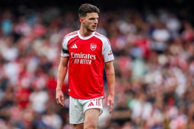 Arsenal 'den Declan Rice, 23 Ağustos 2025' te Birleşik Krallık 'taki Emirates Stadyumu' nda oynanan Premier League maçında Arsenal ile Leeds United karşı karşıya geldi.