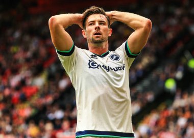 Millwall 'dan Ryan Leonard, Sheffield United' ın 23 Ağustos 2025 'te Bramall Lane, Sheffield, İngiltere' deki Millwall maçında kaçırdığı bir şansa tepki gösterdi.