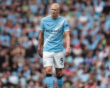 Manchester City 'nin Tottenham Hotspur' a karşı oynadığı Premier League maçında Manchester City 'den Erling Haaland, Etihad Stadyumu, Manchester, İngiltere, 23 Ağustos 2025