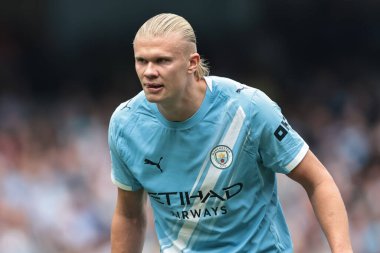 Manchester City 'nin Tottenham Hotspur' a karşı oynadığı Premier League maçında Manchester City 'den Erling Haaland, Etihad Stadyumu, Manchester, İngiltere, 23 Ağustos 2025