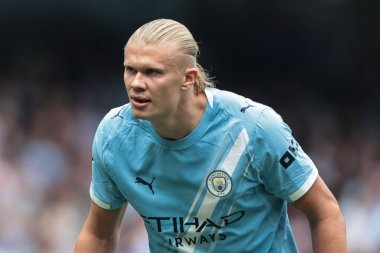 Manchester City 'nin Tottenham Hotspur' a karşı oynadığı Premier League maçında Manchester City 'den Erling Haaland, Etihad Stadyumu, Manchester, İngiltere, 23 Ağustos 2025