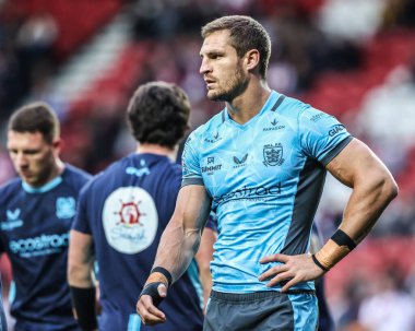 Hull FC 'den Jed Cartwright, Betfred Süper Lig maçının 23. Maçı sırasında St Helens vs Hull FC ile Birleşik Krallık' ın başkenti St Helens 'te 22 Ağustos 2025' te oynanan karşılaşma öncesi ısınma turunda...