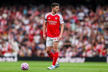 Arsenal 'den Declan Rice, 23 Ağustos 2025' te Birleşik Krallık 'taki Emirates Stadyumu' nda oynanan Premier League maçında Arsenal ile Leeds United karşı karşıya geldi.