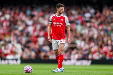 Arsenal 'den Declan Rice, 23 Ağustos 2025' te Birleşik Krallık 'taki Emirates Stadyumu' nda oynanan Premier League maçında Arsenal ile Leeds United karşı karşıya geldi.