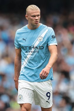 Manchester City 'nin Tottenham Hotspur' a karşı oynadığı Premier League maçında Manchester City 'den Erling Haaland, Etihad Stadyumu, Manchester, İngiltere, 23 Ağustos 2025