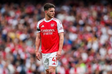 Arsenal 'den Declan Rice, 23 Ağustos 2025' te Birleşik Krallık 'taki Emirates Stadyumu' nda oynanan Premier League maçında Arsenal ile Leeds United karşı karşıya geldi.