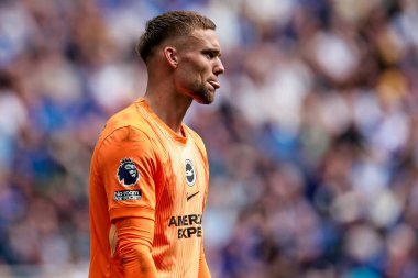 Brighton & Hove Albion takımından Bart Verbruggen, İngiltere 'nin Liverpool şehrinde 24 Ağustos 2025 tarihinde oynanan Premier Lig karşılaşmasında Everton, Brighton ve Hove Albion' a karşı oynuyor.