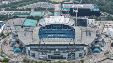 Etihad Stadyumu 'nun Premier Lig maçı sırasında Manchester City ile Tottenham Hotspur arasında 23 Ağustos 2025' te Etihad Stadyumu 'nda bir hava görüntüsü.