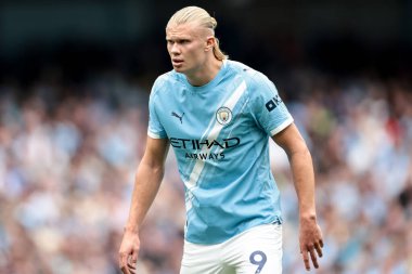 Manchester City 'nin Tottenham Hotspur' a karşı oynadığı Premier League maçında Manchester City 'den Erling Haaland, Etihad Stadyumu, Manchester, İngiltere, 23 Ağustos 2025