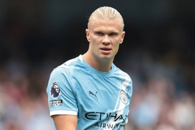 Manchester City 'nin Tottenham Hotspur' a karşı oynadığı Premier League maçında Manchester City 'den Erling Haaland, Etihad Stadyumu, Manchester, İngiltere, 23 Ağustos 2025