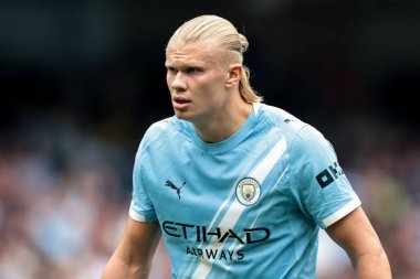 Manchester City 'nin Tottenham Hotspur' a karşı oynadığı Premier League maçında Manchester City 'den Erling Haaland, Etihad Stadyumu, Manchester, İngiltere, 23 Ağustos 2025