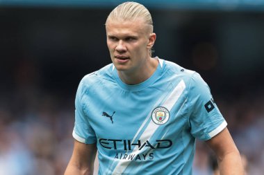 Manchester City 'nin Tottenham Hotspur' a karşı oynadığı Premier League maçında Manchester City 'den Erling Haaland, Etihad Stadyumu, Manchester, İngiltere, 23 Ağustos 2025