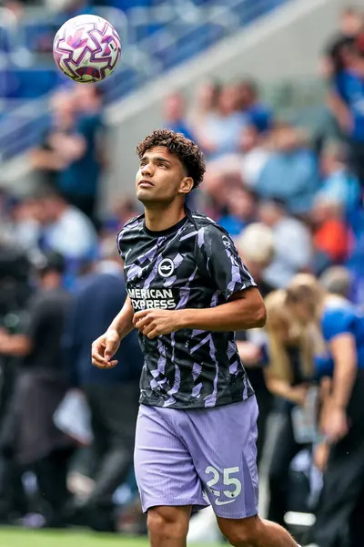 Brighton & Hove Albion takımından Diego Gomez, İngiltere 'nin Liverpool şehrinde 24 Ağustos 2025 tarihinde oynanan Premier Lig karşılaşması öncesinde Everton, Brighton ve Hove Albion' a karşı ısındı.