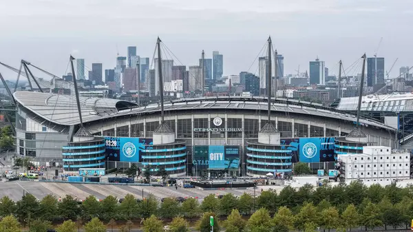 Etihad Stadyumu 'nun Premier Lig maçı sırasında Manchester City ile Tottenham Hotspur arasında 23 Ağustos 2025' te Etihad Stadyumu 'nda bir hava görüntüsü.