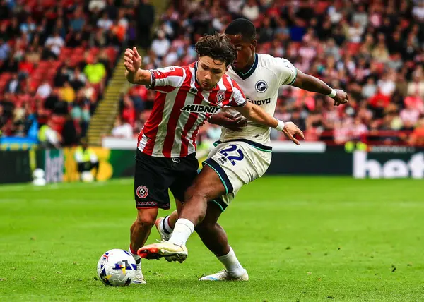 Sheffield United takımından Callum O 'Hare, 23 Ağustos 2025' te Bramall Lane, Sheffield, Birleşik Krallık 'ta oynanan Gökyüzü İddia Şampiyonası karşılaşmasında Millwall' dan Aidomo Emakhu 'ya faul yaptı.