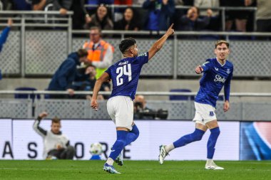 Everton 'dan Carlos Alcaraz, 27 Ağustos 2025 tarihinde İngiltere' nin Liverpool kentindeki Hill Dickinson Stadyumu 'nda oynanan Carabao Kupası maçında 1-0' lık galibiyet golünü kutluyor.