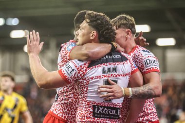 Leigh Leoparları 'ndan Lachlan Lam, 28 Ağustos 2025' te Leigh Spor Köyü 'nde 25. Leigh Leopards - Castleford Tigers maçında oynadığı Betfred Süper Lig karşılaşmasını kutluyor.