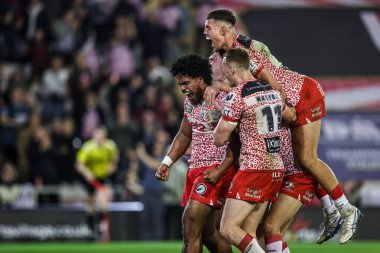 Alec Tuitavake of Leigh Leopards celebrates his try making it 24-4 during the Betfred Super League play-off Eliminator 1 match Leigh Leopards vs Wakefield Trinity at Progress With Unity Stadium, Leigh, United Kingdom, 26th September 2025