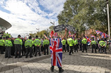 Protesters gather outside the ACC as Merseyside Police attend during the Labour Party Annual Conference 2025 at The ACC, Liverpool, United Kingdom, 28th September 2025 